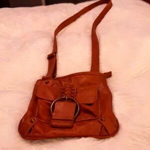 Womans Brown saddle Patent‎ Leather Braided   Handbag. Adjustable